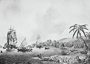 James Cook Prints: Illustration of Natives and Boats Along Shore in New Zealand