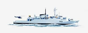 Boat Deck Gallery: Illustration of naval frigate with helicopter landing on deck