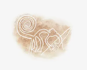 Desert Prints: Illustration of Nazca Line monkey drawing in desert sand, Nazca Lines, Nazca, Peru
