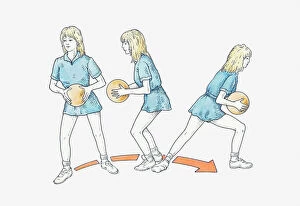 Arrow Sign Gallery: Illustration of netball player keeping one foot on same spot while holding ball and turning