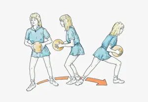 Playing Prints: Illustration of netball player keeping one foot on same spot while holding ball and turning