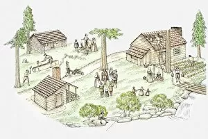 Pilgrim Collection: Illustration of New England pilgrim settlement