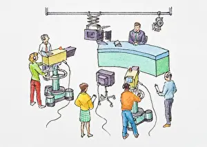 Newscaster Prints: Illustration of newscaster sitting in front of cameras in television studio