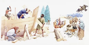 Illustration of Noah and his three sons Shem, Ham, and Japheth constructing the Ark as his wife calls chosen animals