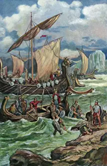 Viking Prints: Illustration of Norse Explorers Landing on Coast of France