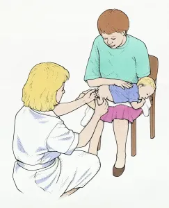 One Parent Prints: Illustration of nurse injecting vaccination in to leg of baby held by mother