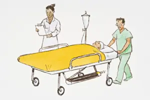 Unconscious Prints: Illustration of nurse reading clipboard as hospital porter walks by pushing unconscious patient in bed