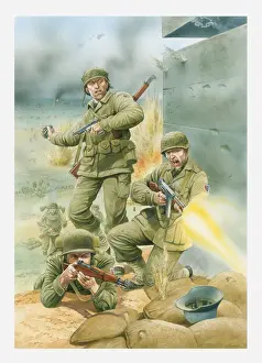Throwing Prints: Illustration of of American soldiers firing rifles