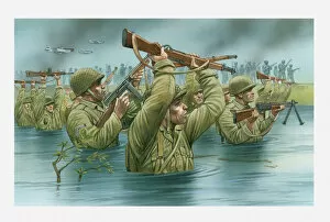 Incidental People Collection: Illustration of of American soldiers wading waist deep in water with rifles held aloft during D