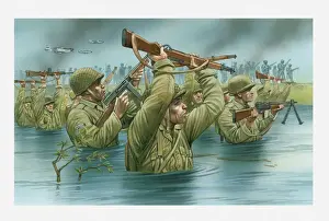 D Day Prints: Illustration of of American soldiers wading waist deep in water with rifles held aloft during D Day landing on Utah