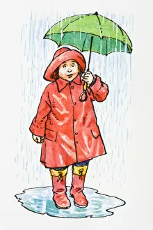 Images Dated 10th March 2008: Illustration of of child standing in puddle holding umbrella above head wearing raincoat