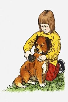 Illustration of of girl kneeling on grass as she brushes pet dog