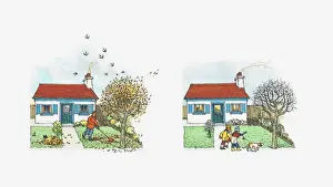 Migration Prints: Illustration of of man gathering up leaves during autumn and flock of birds migrating