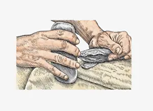 Antler Prints: Illustration of of man making clovis point using antler hammer