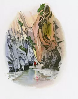 Illustration of of man standing at waters edge in ravine near Gocek