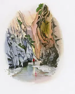 Toughness Prints: Illustration of of man standing at waters edge in ravine near Gocek