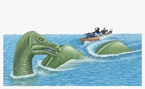 Myth Prints: Illustration of of men in small boat as Loch Ness Monster emerges out of the water