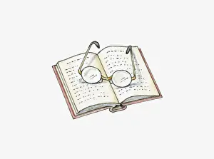 Eyeglasses Prints: Illustration of old fashioned pair of glasses on open pages of hardback book