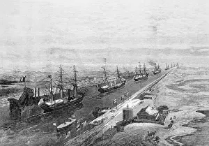 Procession Prints: Illustration of the Opening of the Suez Canal with Ships In Canal