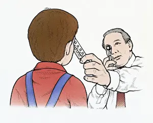 Looking Through An Object Prints: Illustration of optician looking at boys eye through ophthalmoscope