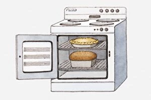 Illustration of an oven with its door open, containing a pie and a loaf of bread