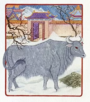 Illustration Ox Outside the Gate, representing Chinese Year Of The Ox