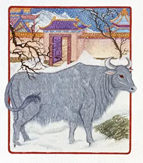 Illustration Ox Outside the Gate, representing Chinese Year Of The Ox
