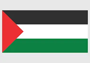 Illustration of Palestinian flag, with three equal horizontal black, white and green stripes overlaid by red isosceles triangle at hoist
