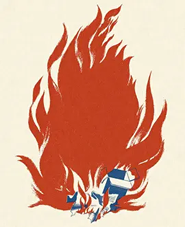 Illustration And Prints: Illustration of a paper box set on fire