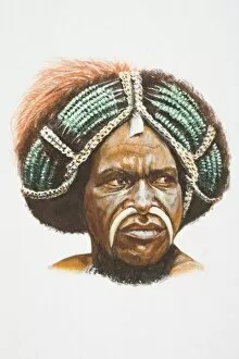 Illustration, Papua New Guinean tribesman wearing headdress, his face decorated with tusks