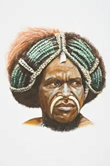 Tusk Prints: Illustration, Papua New Guinean tribesman wearing headdress, his face decorated with tusks