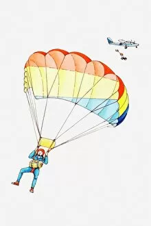 Pen And Ink Gallery: Illustration of parachuters dropping from plane
