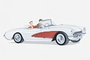 Illustration of two passengers in Chevrolet Corvette open sports car, 1950s