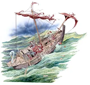 Danger Prints: Illustration of Paul standing on deck of sinking ship during voyage to Rome as lightening strikes in background