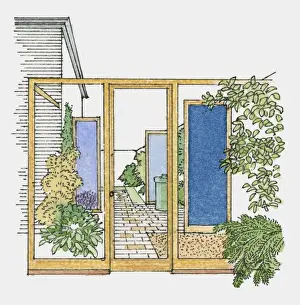 Patio Prints: Illustration of paved garden sheltered from wind by timber and glass screens