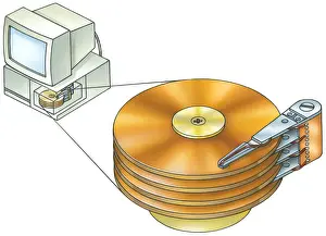 Disc Prints: Illustration of PC desktop computer and hard disc drive with cross section showing hard disc in base unit