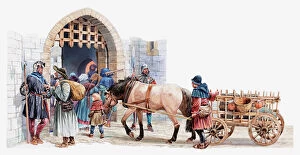 Horse Gallery: Illustration of peasants arriving at a medieval castle to buy and sell in the courtyard market