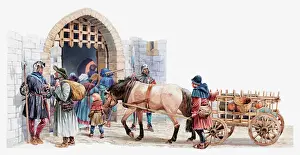 Middle Ages Prints: Illustration of peasants arriving at a medieval castle to buy and sell in the courtyard market