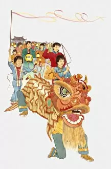 Images Dated 2nd July 2009: Illustration of people celebrating Chinese New Year with Chinese dragon, lanterns and flags
