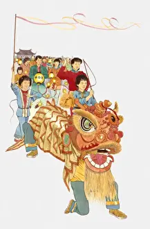 Mask Prints: Illustration of people celebrating Chinese New Year with Chinese dragon