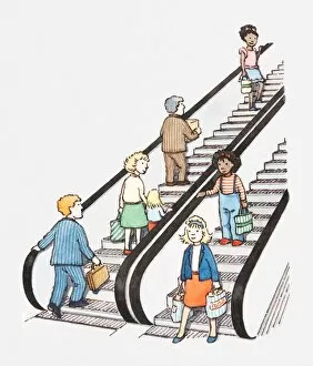 Images Dated 4th January 2011: Illustration of people on up and down escalators