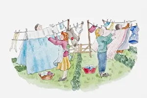 Washing Line Prints: Illustration of people hanging up washing in small sections of garden separated by low hedges