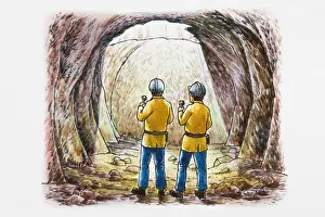 Cave Prints: Illustration of two people illuminating inside of cave with flashlights