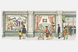 Illustration, people walking past windows of department store, showing furniture and fashion for adults and children
