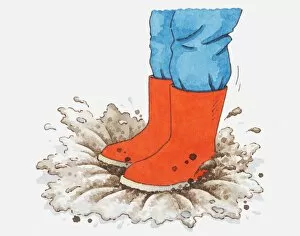 Child Gallery: Illustration of person in red wellington boots stepping into puddle of mud