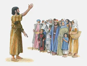Mature Women Prints: Illustration of Peter preaching to group of people with one arm raised