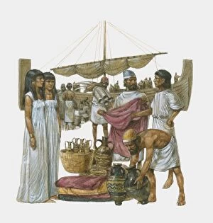 Illustration of Phoenician trading textiles, pottery, and ivory on dockside
