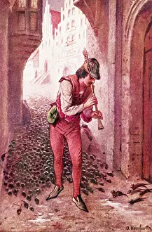 Leading Prints: Illustration of the Pied Piper Playing His Flute by Oscar Herrfurth