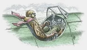 Images Dated 23rd November 2009: Illustration of pilot in biplane cockpit