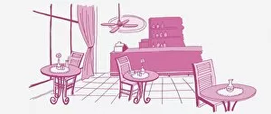 Illustration in pink, cafe or bar with one chair each at three tables, window with pulled back curtain, till on counter